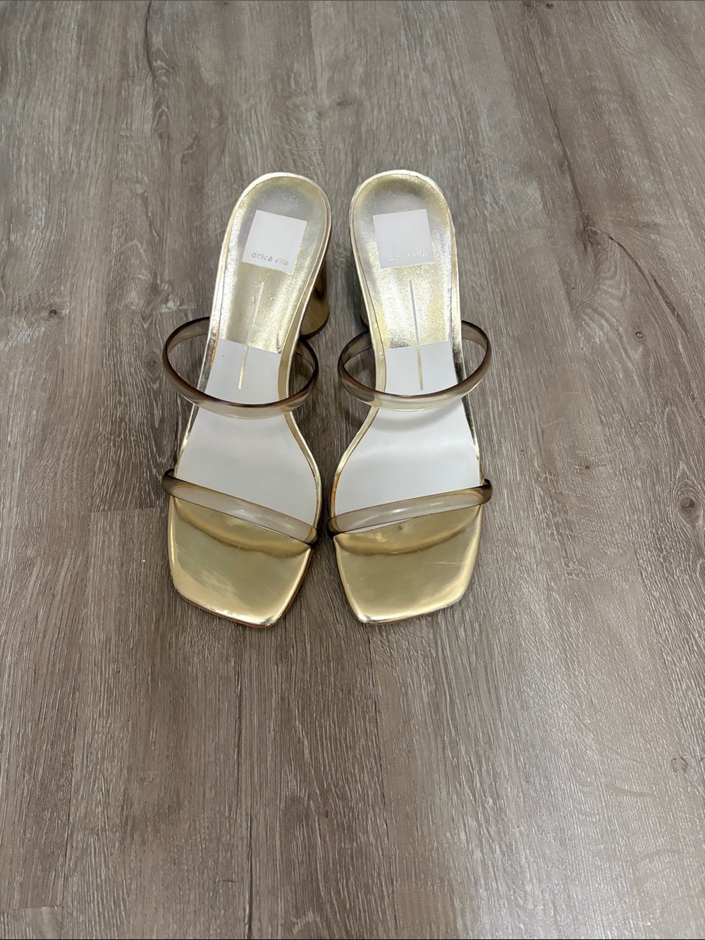 Dolce Vita Metallic Gold Clear-Strap Square Toe Block Heels